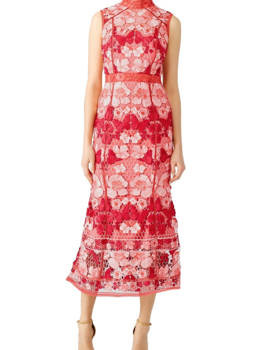 Marchesa Notte Butterfly Textured Embroidered Lace Sheath Trumpet Midi Dress 0